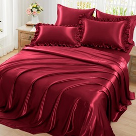 Homiest Ruffled Satin Sheets Twin Size 4pc Set - Burgundy Bed Sheet Set with 15 Inch Deep Pocket Fitted Sheet, 1 Flat Sheet, 1 Ruffled Pillow Shams & 1 Pillowcases, Similar to Silk Sheets
