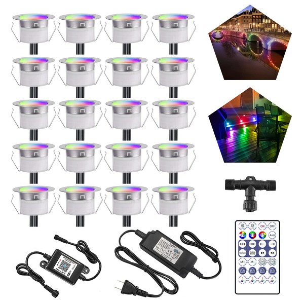 FVTLED WiFi Deck Light Kit, 30pcs Φ1.77 SMD5050 DC12V 0.5W Low Voltage Dynamic RGB Multi-Color LED Deck Lighting with Rainbow Color Chasing Effect Waterproof Indoor Outdoor Yard Path Stair Decor