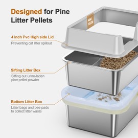 Stainless Steel Cat Litter Box with Lid, L High Sided Metal Sifting Litter Box for Pine Pellets, Enclosed Sifting Box for Small Cats, Anti-Leakage, Easy Clean, Include Scoop, Liner, Pee Pad and Hook