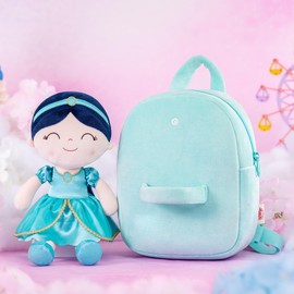 Gloveleya Toddler Backpack for Girls Kids Backpacks Soft Girl Toys Plush Baby Girl Gifts with Plush Princess Jasmins Doll Aqua 9"