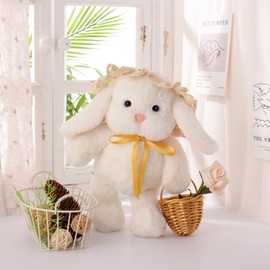 Apricot Lamb Picnic Lop-Eared Rabbit Plushies Stuffed Animals for Kids, Soft Cute Bunny Plush Toys for Baby Girl and Boy, Fluffy Picnic Lop-Eared Rabbit White 8.3 Inches
