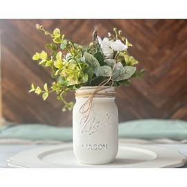 Mini White Mason Jar Baby Shower Centerpiece – 16 oz Hand Painted Jar with Ivory Roses – 5 Inch Rustic Vase for Baby Shower Decor – Farmhouse Table Accent or Gift Idea (White Jar w/greenery/ivory)