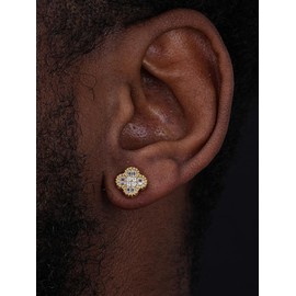 Moissanite Clover Earrings – 10mm Iced Baguette Studs in 14k Gold Vermeil Over 925 Silver | VVS1 D Color, 0.61ct, Screw Backs, Pass Diamond Tester | Men’s Hip Hop Earrings