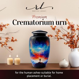 Urn for Adult Human Ashes – Large Handcrafted Galactic Sky Cremation Urn – Memorial Keepsake Urn with Secure Lid – Premium Quality Metal Burial Urn with Secure Closure and Velvet Bag for Men or Women