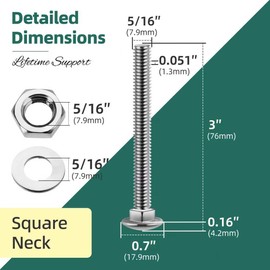 EASTPUK (10 Sets) 5/16-18 x 3 Carriage Bolts with Nuts and Washers, 304 Stainless Steel Round Head Square Neck 5/16 Carriage Bolts Screws, Full Thread for Outdoor