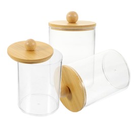 Ciieeo 3pcs Transparent Cotton Pad Storage Box with Bamboo Lid Multi-purpose Organizer for Bathroom Countertop for Cotton Swabs Makeup Sponges Toothpicks and Hair Accessories