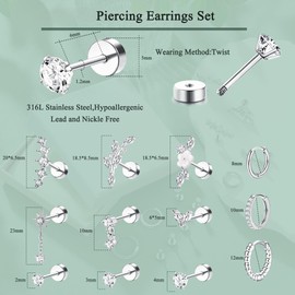 Sanfenly 12Pcs Helix Jewelry Surgical Steel Tragus Studs, Flat Back Studs, Flower Ear Jewelry, Helix Hoop Cartilage Earrings - Silver Gold Conch Daith Tragus Jewelry