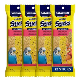 Vitakraft Crunch Sticks Parakeet Treat - Triple-Baked Millet Parakeet Treats with Natural Wood Center - Crunchy & Nutritious Bird Treat Sticks for Small Animals (12 Count, Honey, Egg, and Apple)