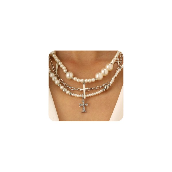 Layered Small Cross Pendant Pearl Necklace Set,Gothic Layering Silver Dainty