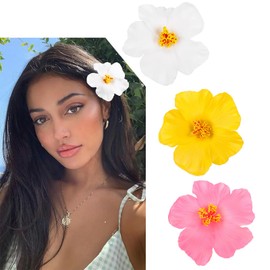 TEBIEKOY 3Pcs Hawaiian Flower Hair Clips for Women Plumeria Hibiscus Hair Clip 3.5 Inch Artificial Flower Clips for Vacation Beach Party
