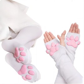 TERUIAOD Cat Paw Socks and Paw Gloves Set,Pink Cute Thigh High Socks for Girls Women Cosplay,3d Kitten Claw Stockings, White Set, 0-1
