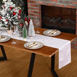 Tegeme 13" x 72" Christmas Table Runner Holiday Snowflakes Metallic Jacquard Woven Table Runner Easy Care Spill Proof Polyester Xmas Table Decorations Snowflake Dresser Fabric Scarf (White)