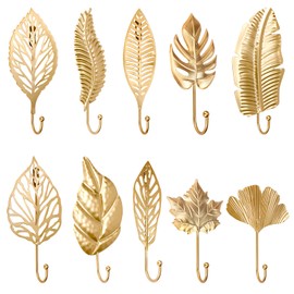 QUMENEY 10 Pieces Decorative Leaf Hooks Iron 10 Styles Wall Mounted Metal Hanger Golden Leaves Hanging Wall Hooks Key Holder for Entryway Kitchen Bathroom Bedroom Ba