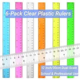 Zhuxing 6-Pack 12 Inch/30cm Clear Plastic Rulers, Shatterproof Dual-Scale Ruler with Inch & Centimeter, for School, Classroom, Home, Students, Artists, Engineers (6 Rulers)