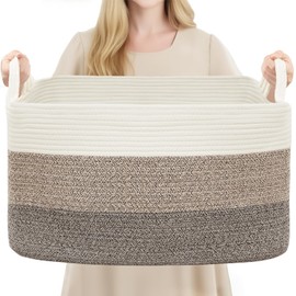 YOUDENOVA Large Laundry Hamper Blanket Basket，21.6''×14.9''×19.6'' Cotton Rope Woven Laundry Basket for Organizing, Rectangle Toy Basket for Living Room, Bedroom