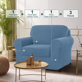CHUN YI 3 Piece Armchair Cover, Stretch 1 Seater Couch Cover with 1 Separate Backrest and Cushion with Elastic Band, Sofa Slipcover Spandex Jacquard Fabric(Small, Denim Blue)