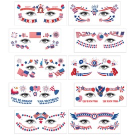10 Sheets 4th of July Face Temporary Tattoo Sticker, Independence Day Face Eyes Tattoo Stickers Decorations Fit for Women Girls Patriotic Makeup Festival Party(Style 2)
