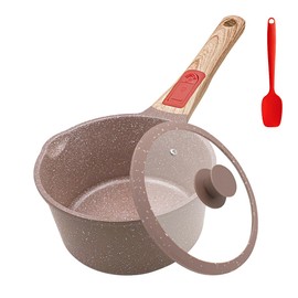 AIKENBBKK 1.5 Quarts Ceramic Nonstick Saucepan with Lid, Small Sauce Pot with Pour Spouts for Multipurpose Use, Milk Pan with Detachable Handle, Oven Safe (Brown)