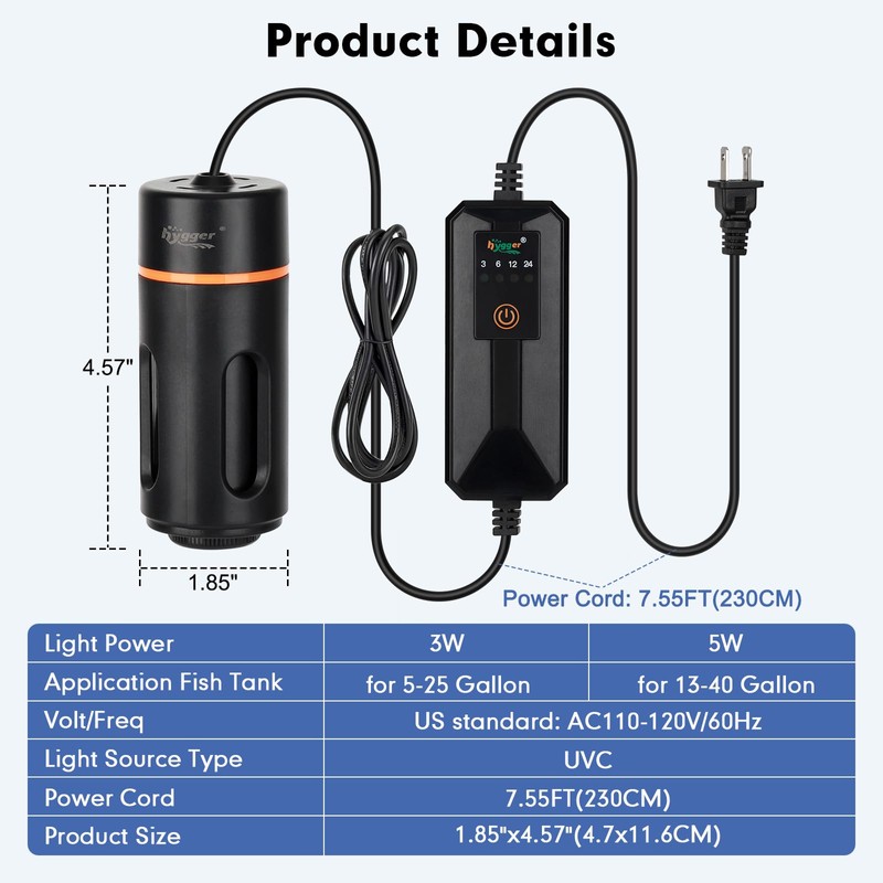 hygger Aquarium U-V Light with Timer, 360° Protective Shield Clean