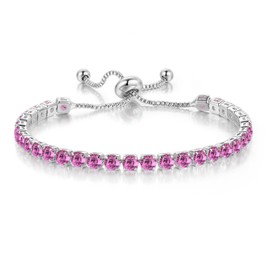 14K Gold Plated Tennis Bracelets Colorful Sparkling Cuban Zirconia Adjustable Ice Out Link Chain Slider Bangle Jewelry Dainty Bracelet for Women-silver pink