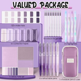 Janlaugh 38 Pcs Aesthetic College School Supplies with Pen Case Sticky Notes Gel Pens Highlighters Correction Tapes Back to School Stationery Kit(Purple Color,Classic)