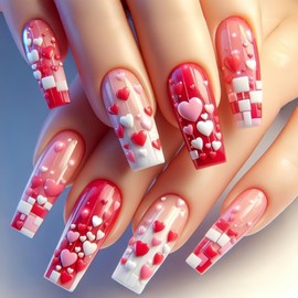 24Pcs Press on Nail Long Coffin Valentine's Day False Nails stereo Heart Design Ballet Fake Nails Full Cover Acrylic Nails Cute Valentines Glue on Nails for Women