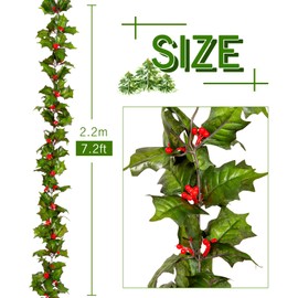 Whaline Red Berry Christmas Garland 7.2Ft Artificial Burgundy Berry with Green Leaves Garland Realistic Christmas Hanging Vine Wreath for Xmas Winter Holiday New Year Fireplace Door Frame Decoration