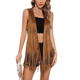 Womens Fringed Waistcoat Sleeveless Hollow Out Flower Pattern Open Front Vest Cardigans Tassel Vest 70s Hippie for Women (A-Brown, XL)