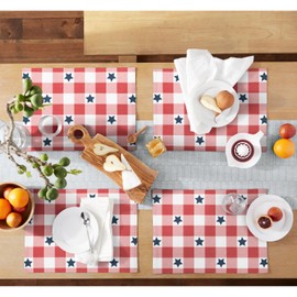 MARTHA STEWART Americana Star Gingham Plaid Indoor Placemat 4-Pack Set, Reversible, Patriotic USA America Decor, Red/White/Blue, 14"x72"