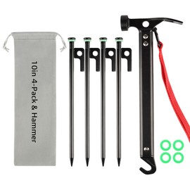 Tent Stakes Heavy Duty & Hammer Set,with 12in Tent Stake Remover +10 in Steel Tent Pegs+Storage Bag +Fluorescent Rubber Circle for Camping Used on Rocks, Grassland,Canopies (10"- 4pack & 12" Hammer)