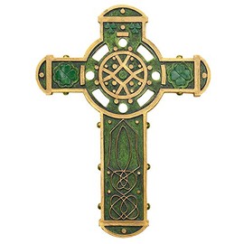 Elysian Gift Shop Irish Green with Gold Accents Celtic Wall Cross with Shamrock and Celtic Knot Designs (9 Inch)