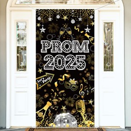 DPKOW Prom Night Door Banner 2025 Prom Decorations, Fabric Prom Door Cover Graduation Decorations 2025, Black Gold Silver Class of 2025 Banner Decorations Indoor Outdoor, 185 * 90cm