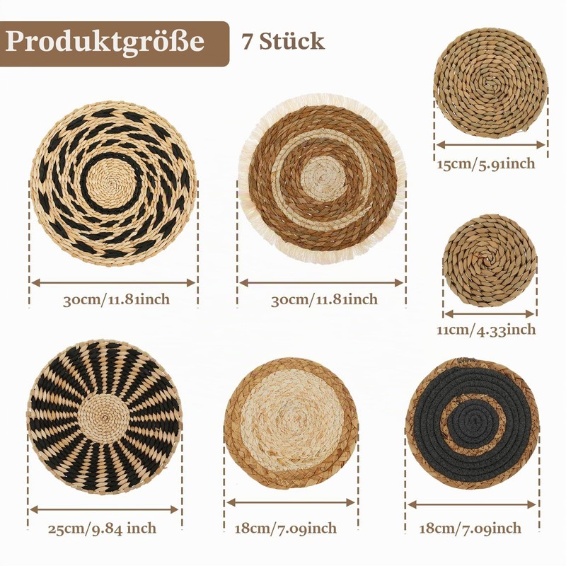 7 Pieces Wall Baskets Bohemian Handmade Wall Decor Rattan Round