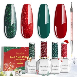 MelodySusie Gel Nail Polish Set: Christmas 4 Colors Sparkle Green Glitter Red Glitter Gel Polish Dark Green Dark Red Gel Polish Kits Christmas Gifts for Women Girls