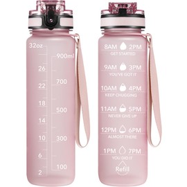 OLDLEY Water Bottle, 32oz Motivational Sports Water Bottle with Time Marker - Times to Drink - Tritan, BPA Free, Wide Mouth Leakproof, Peach (1 Bottle)