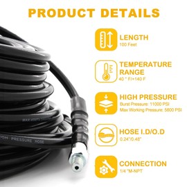 Sewer Jetter Kit for Pressure Washer-100 ft Jetter Hose, Drain Cleaning Hose,1/4 Inch NPT, Corner, Rotating and Button Nose Sewer Jetting Nozzle, 5800 PSI