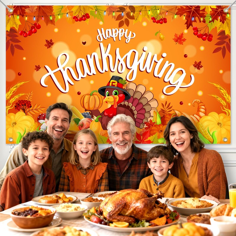 Happy Thanksgiving Banner Extra Large 72x44 Inch, Thanksgiving Backdrop for