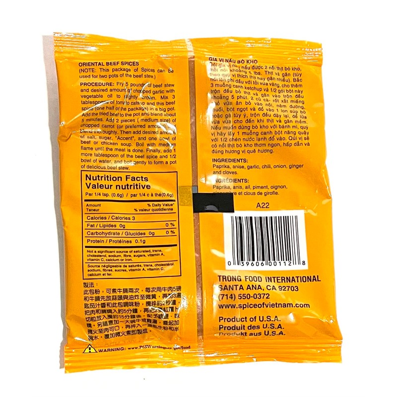 Oriental Beef Spices (Gia Vi Nau Bo Kho), 2 oz.