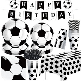 APOWBLS Soccer Birthday Party Supplies, Sports Theme Soccer Party Decorations Tableware, Paper Plates, Cups, Napkins, Happy Birthday Banner, Tablecloth, Cutlery, Serves 24