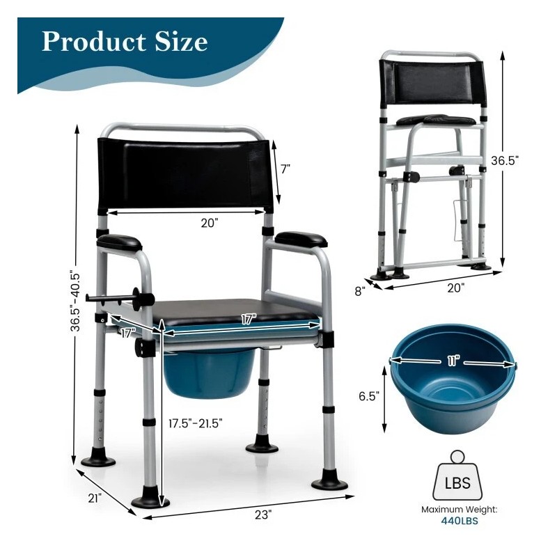 Costway 4-in-1 Commode Chair Folding Bedside Chair Seat Adjustable w/Detachable