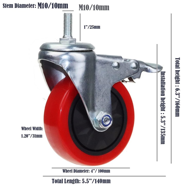 Heavy Duty Stem Caster Wheels M10-1.5X25mm Dual Locking No Noise