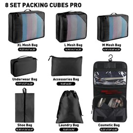 Toncoke 8 Set Packing Cubes for Travel Women Men Kids, Mesh Suitcase Organizer Bags Set for Luggage, 4 Sizes Extra Large, Large, Medium, Small, Travel Camping Essentials Accessories, Black