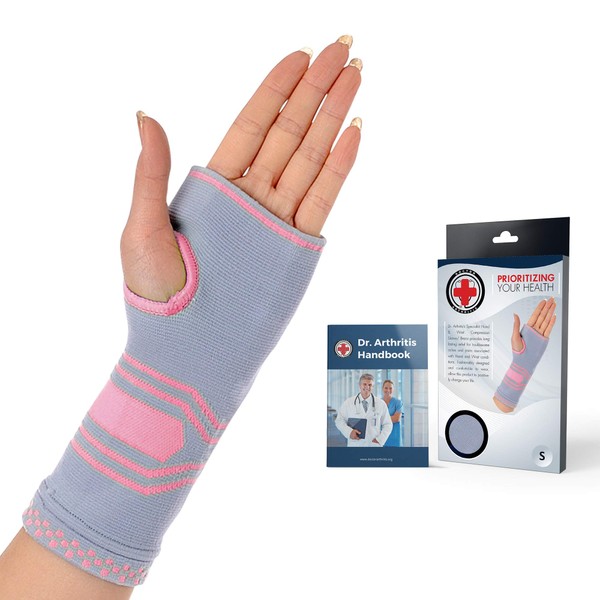 Dr. Arthritis Doctor Developed Wrist & Hand Compression Sleeve/Support/Brace, Palm Protector with Gel Pad, Optimum comfort for Carpal Tunnel, RSI & More Pink/Grey (M)