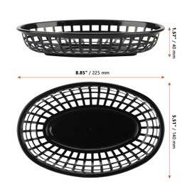 MANCHAP 50 Pack 8.8 x 5.5 Inch Plastic Fast Food Serving Baskets, Black with 100 Checkered Deli Liners, Oval Food Baskets for Deli, Hot Dogs, Burgers
