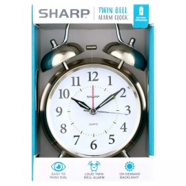 SHARP Twin Bell Quartz Analog Alarm Clock, Silver Brushed Metal, Battery Operated