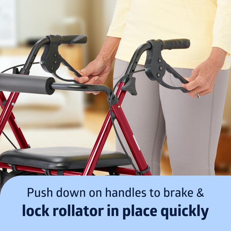 Medline Superlight Folding Aluminum Mobility Rollator Walker, Red, 250 lb.