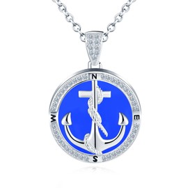 Yumilok Pendant Necklace for women 925 Sterling Silver Anchor compass Zirconia Open Photo Locket Holds Pictures Blue