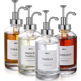 Coffee Bar Accessories,MHDCLY Coffee Syrup Dispenser - 4pack,16.9oz Syrup Dispenser with Labels ，Syrup Pump Dispenser for Coffee Bar(Silver pump)