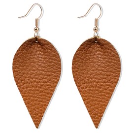 CHUNYANAN Boho Elegant Lightweight Black Genuine Real Leather Geometric Dangle Drop Earrings for Women Petal Leaf Feather Teardrop Earrings Jewelry Gift (2 Brown Leather Earring)