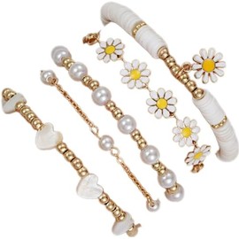 5pcs Sunflower Bracelets for Women Girls Aesthetic Daisy Floral Bangle Boho Beaded Daisy Surfer Bracelet for Teen Summer Friendship Flower Adjustable Bracelets for Best Sisters (Style 1, One Size)